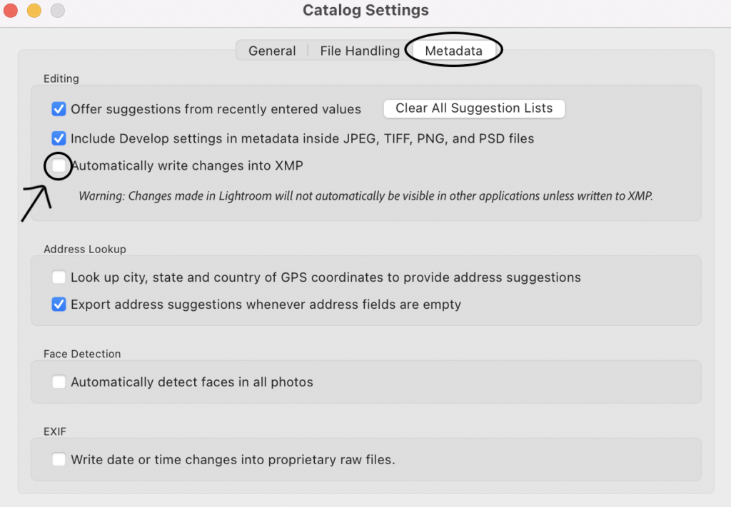 A screenshot of the Adobe Lightroom Catalog Settings menu.