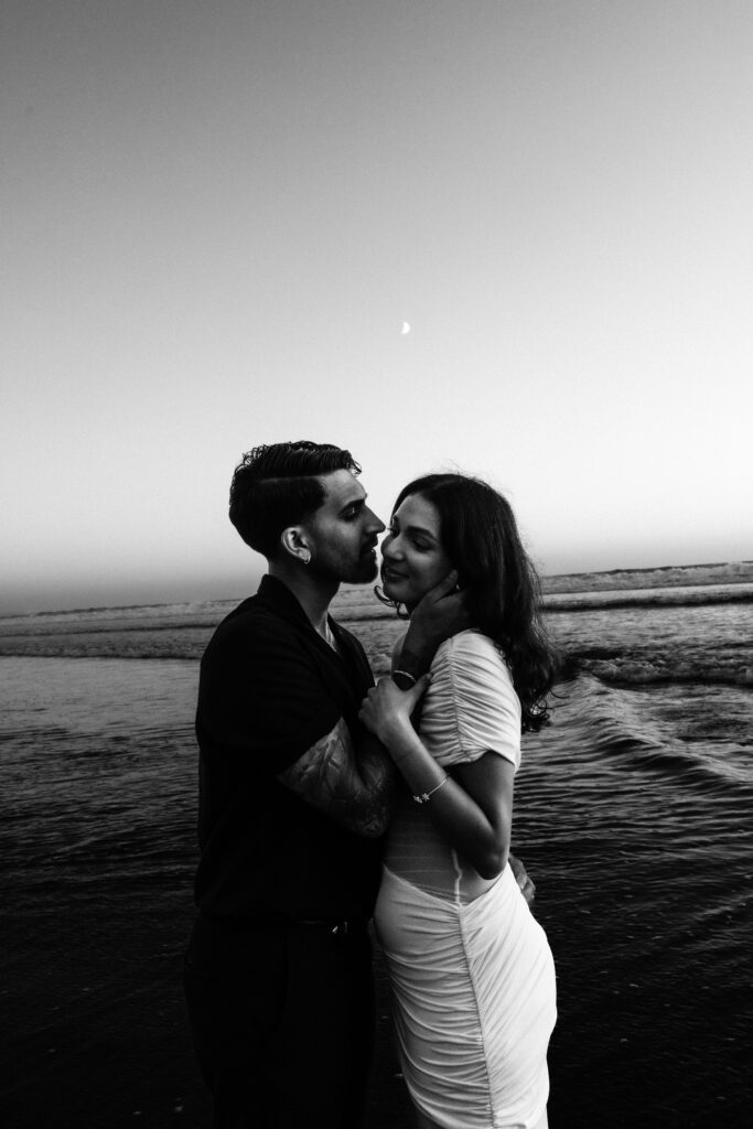 Cinematic Proposal at Terramar Point during golden hour in black and white