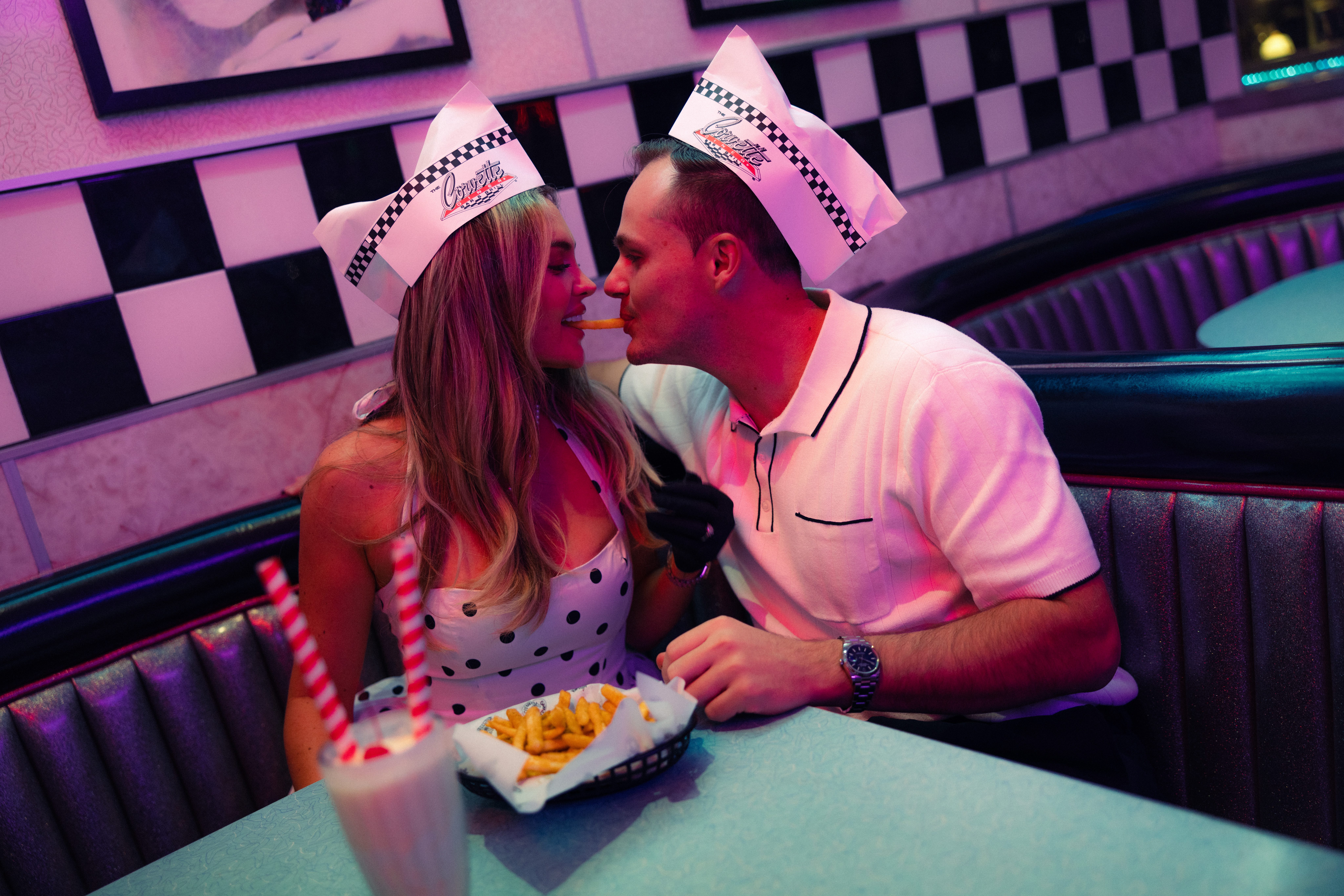 retro diner engagement photos