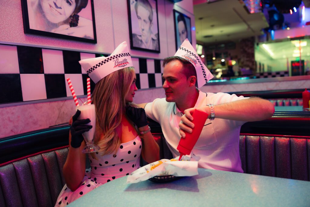 retro diner engagement photos