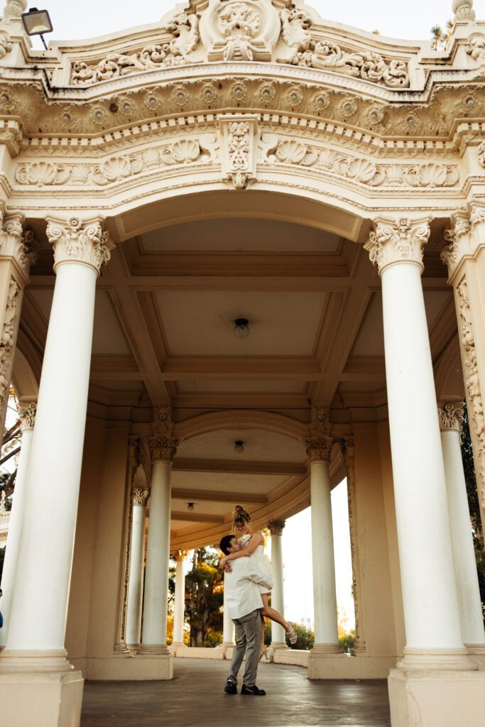 engagement photos surrounded by the gorgeous architecture at balboa park