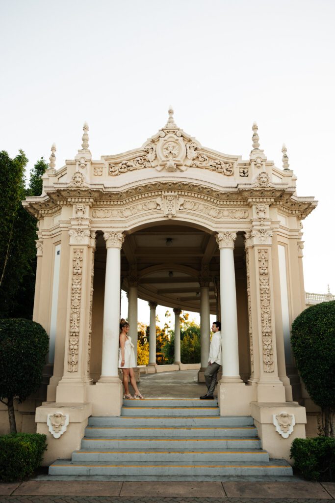 engagement photos surrounded by the gorgeous architecture at balboa park