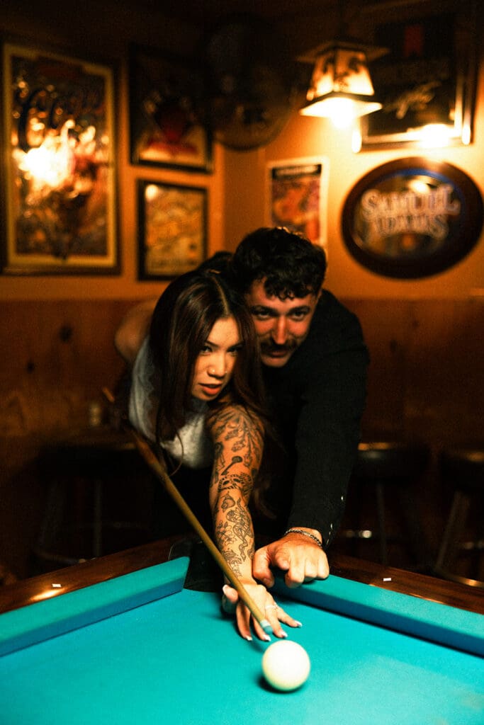 Stagecoach Inn engagement photos with pool table