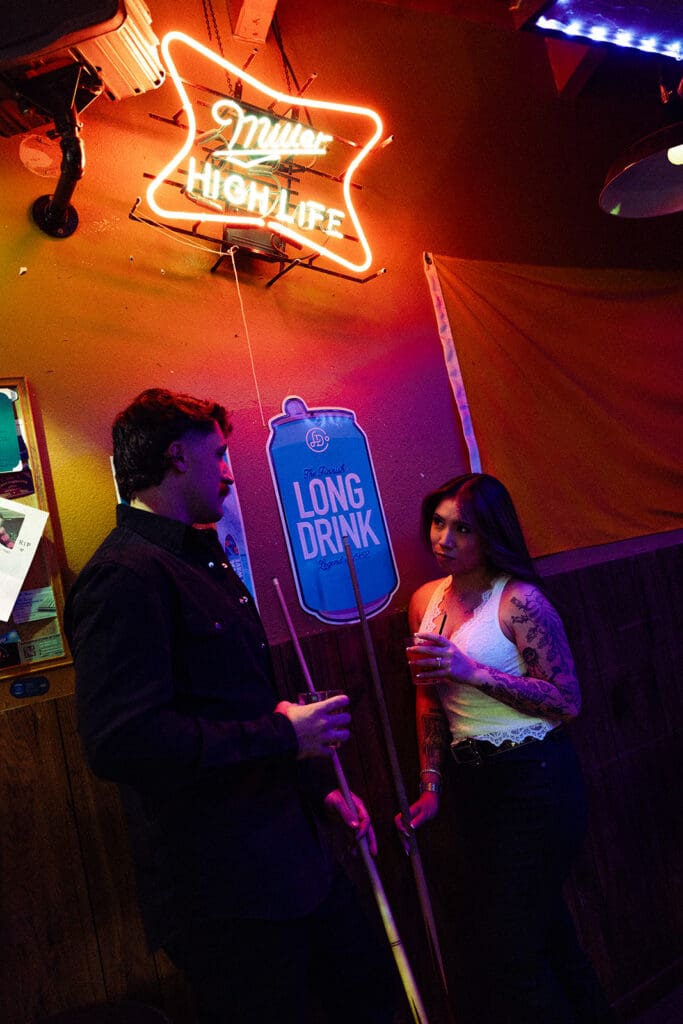 Stagecoach Inn engagement photos with pool table