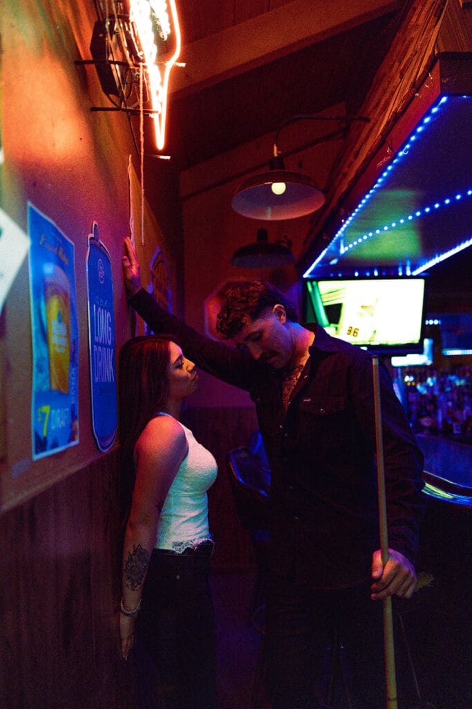 engagement photos at a bar