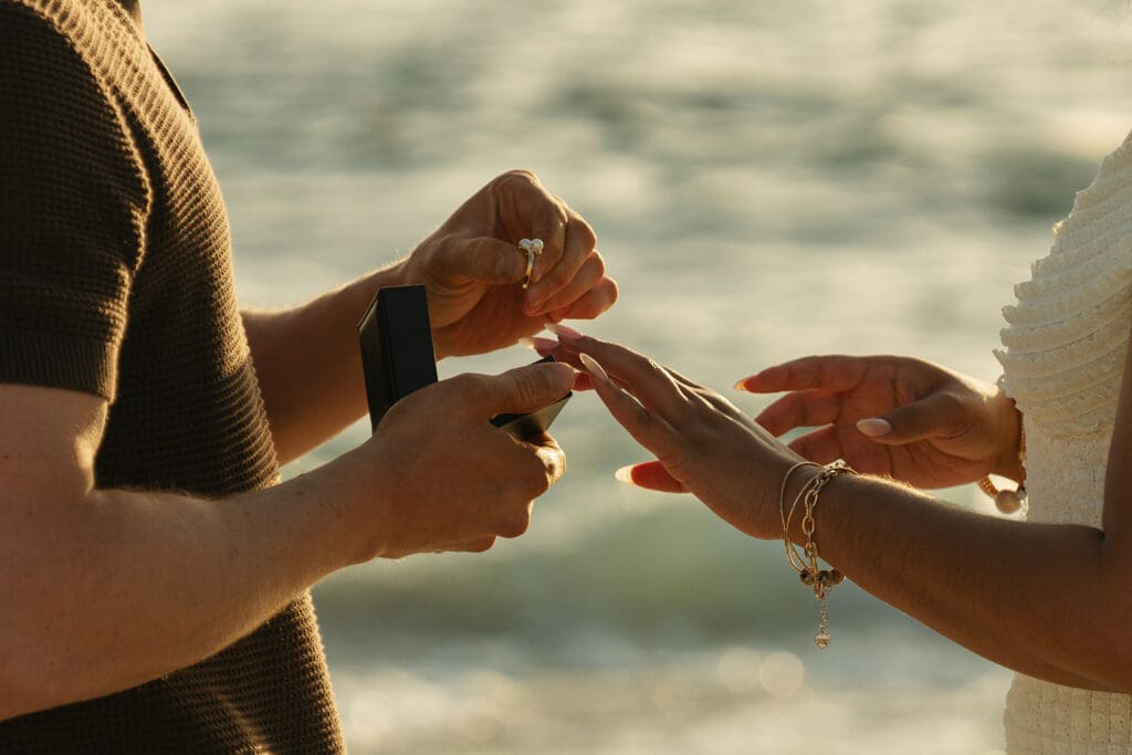 Close-up of engagement ring after the surprise proposal at Windansea Beach