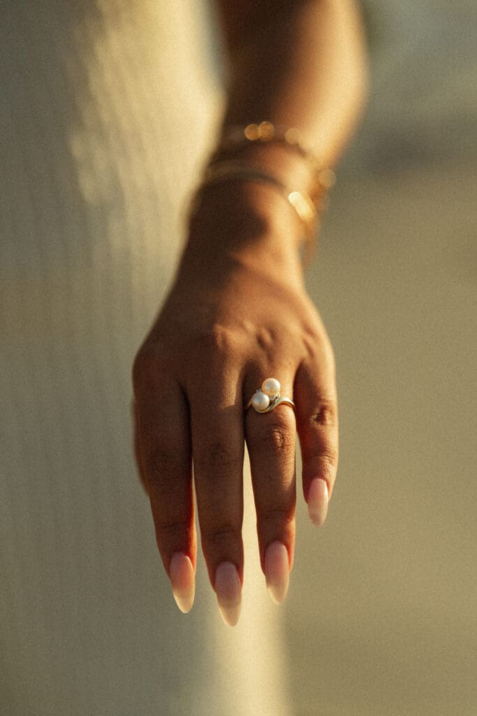Close-up of engagement ring after the surprise proposal at Windansea Beach