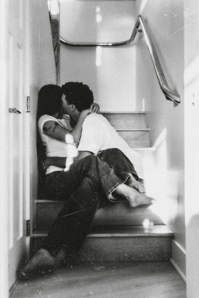 cinematic in home couples session photos in black and white